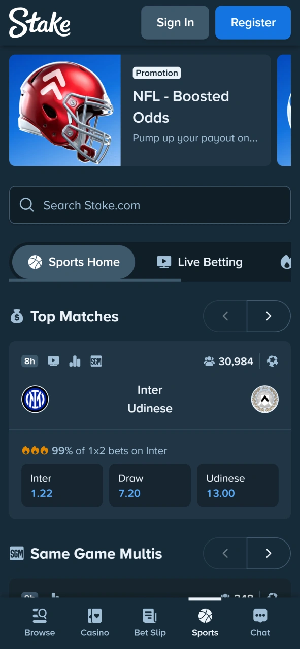 Bet on your favourite sports at Stake app.