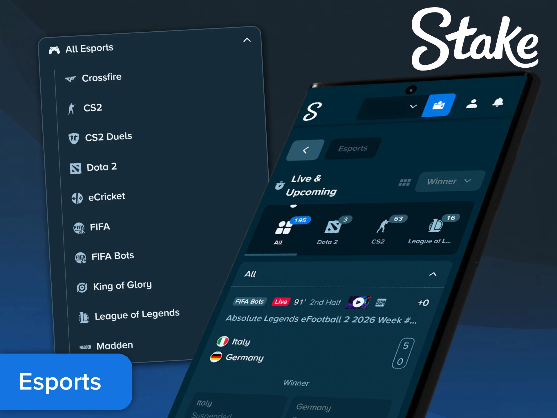 Wager on your favorite esports tournaments in the Stake App.