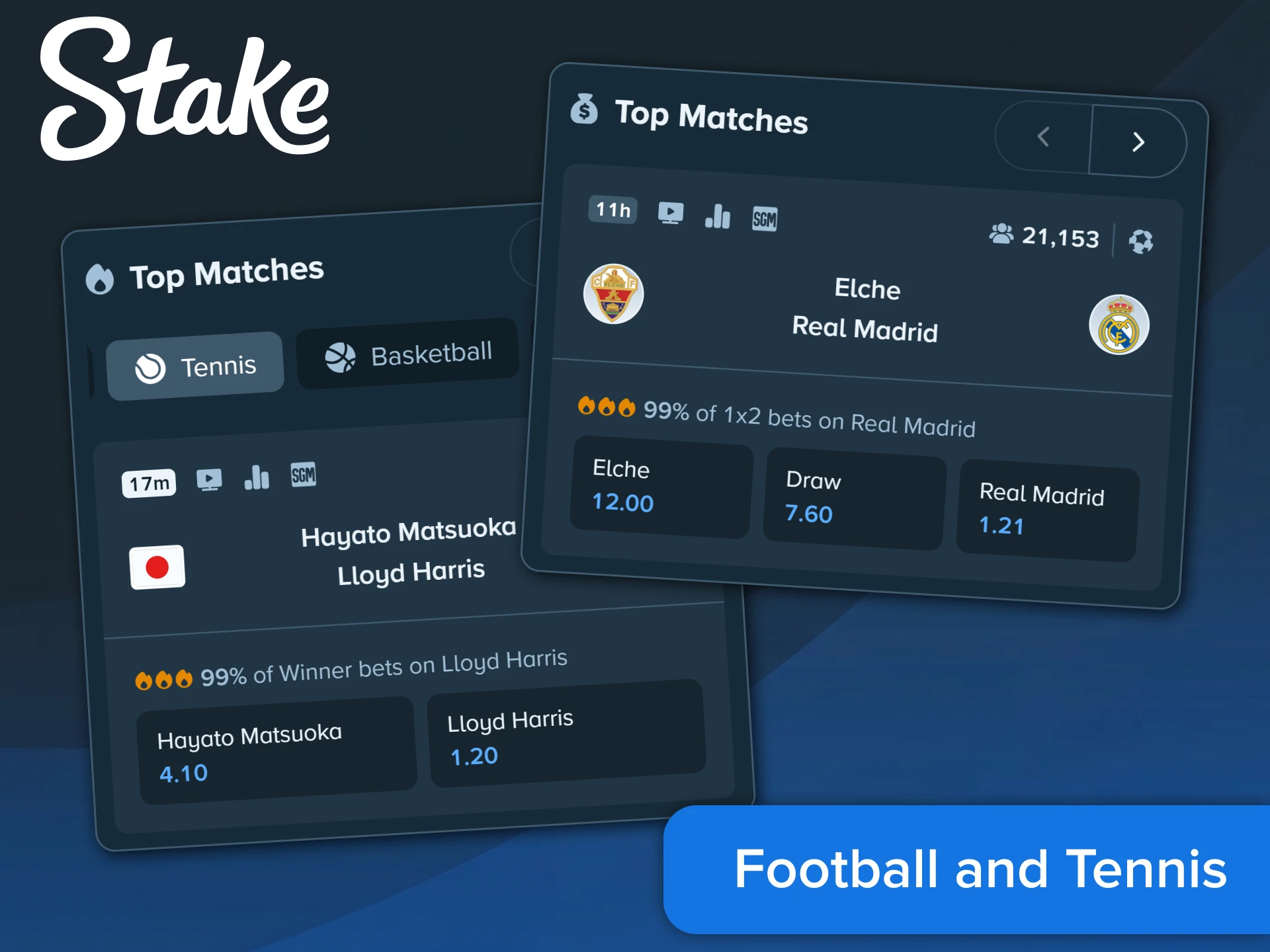 Predict football and tennis outcomes live on the Stake App.