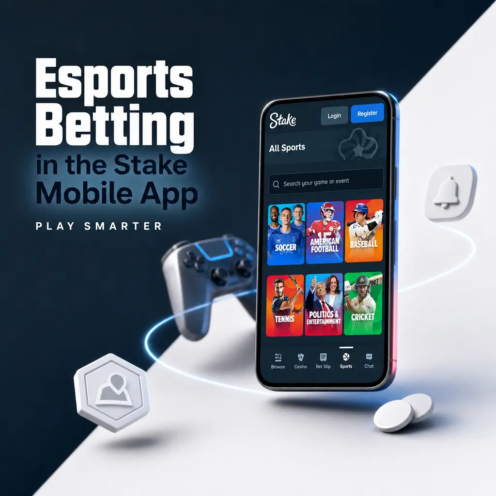 Esports betting menu in the Stake mobile app showing sportsbook tab, market accordion, and live stream with bet slip.