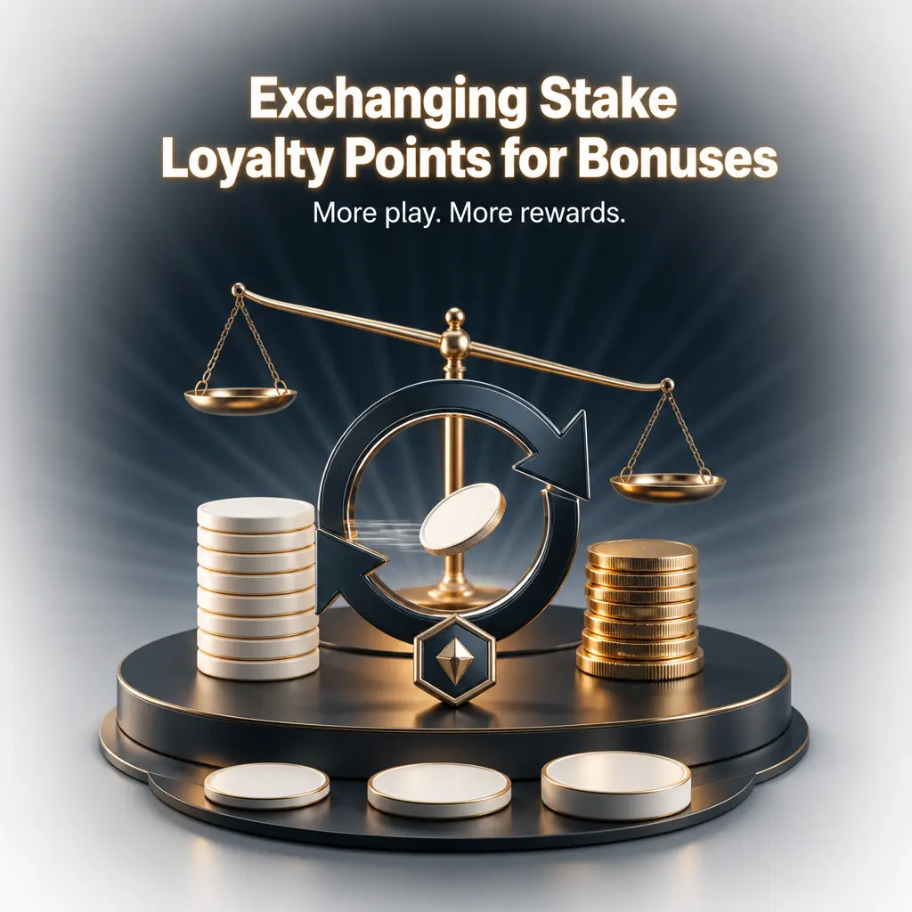 Stake Rewards tab showing loyalty points exchanged for bonus balance, with tier-based rates and wagering requirements.