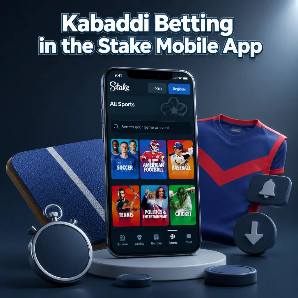Kabaddi betting screen in the Stake mobile app showing raid markets, live score tracker, and bet slip.