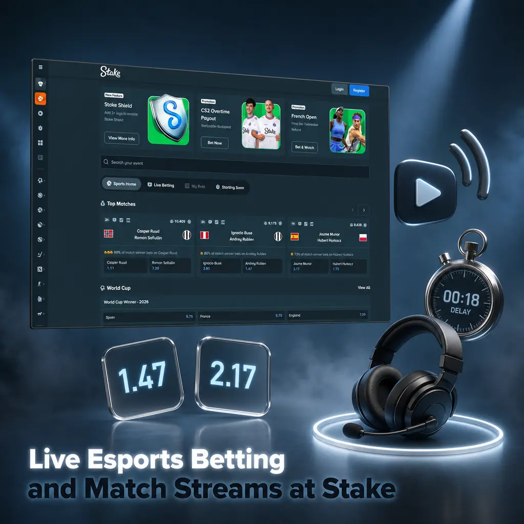 Live esports betting odds and embedded match stream for CS2 and Dota 2 shown side by side on Stake's in-play wagering interface.