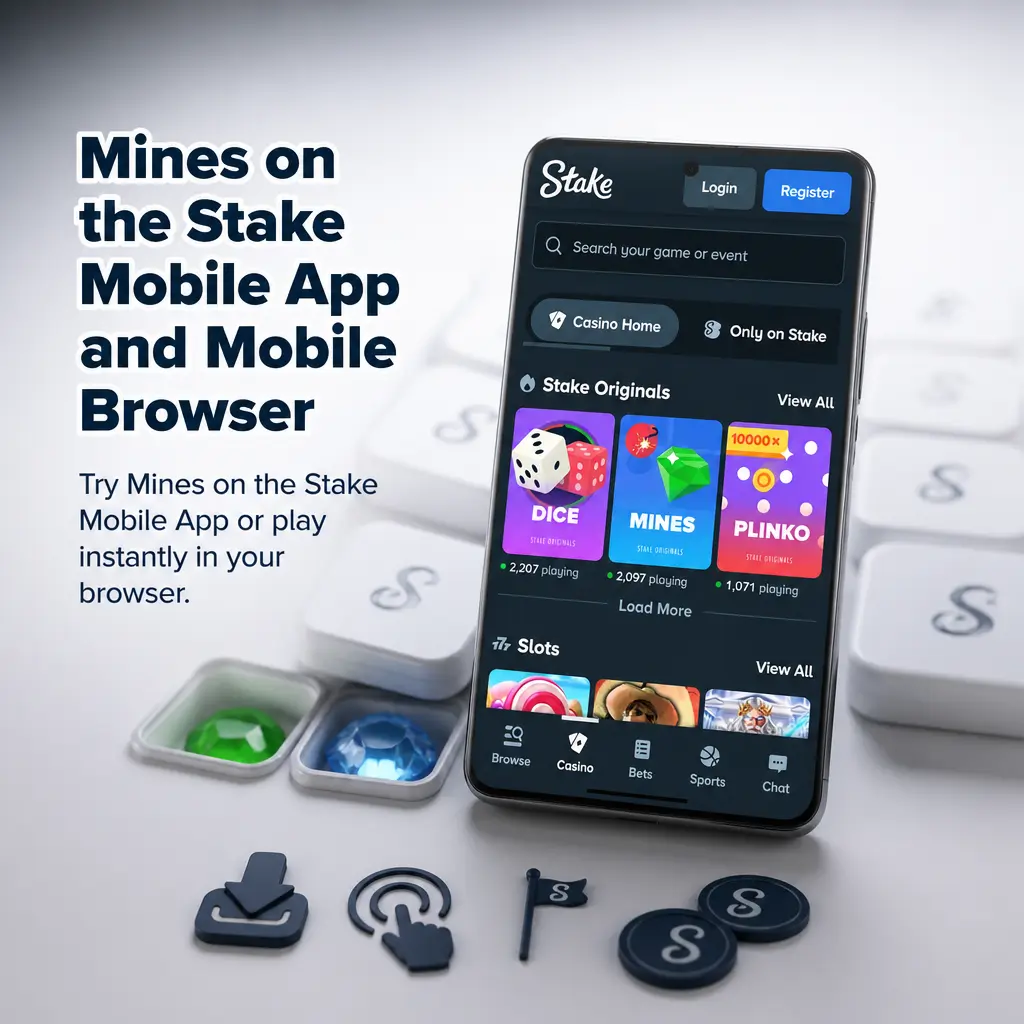 Mines game on Stake mobile app showing 5x5 grid, mine selector, stake field, and cash out button on portrait screen.