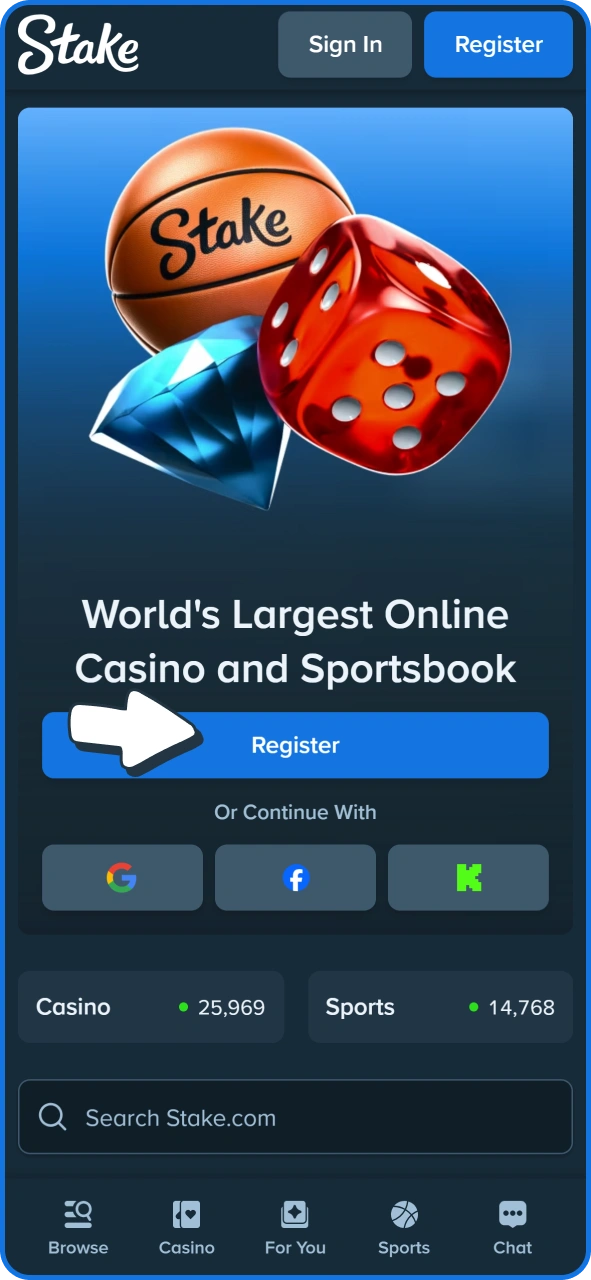 Find register button to create Stake account in the app.