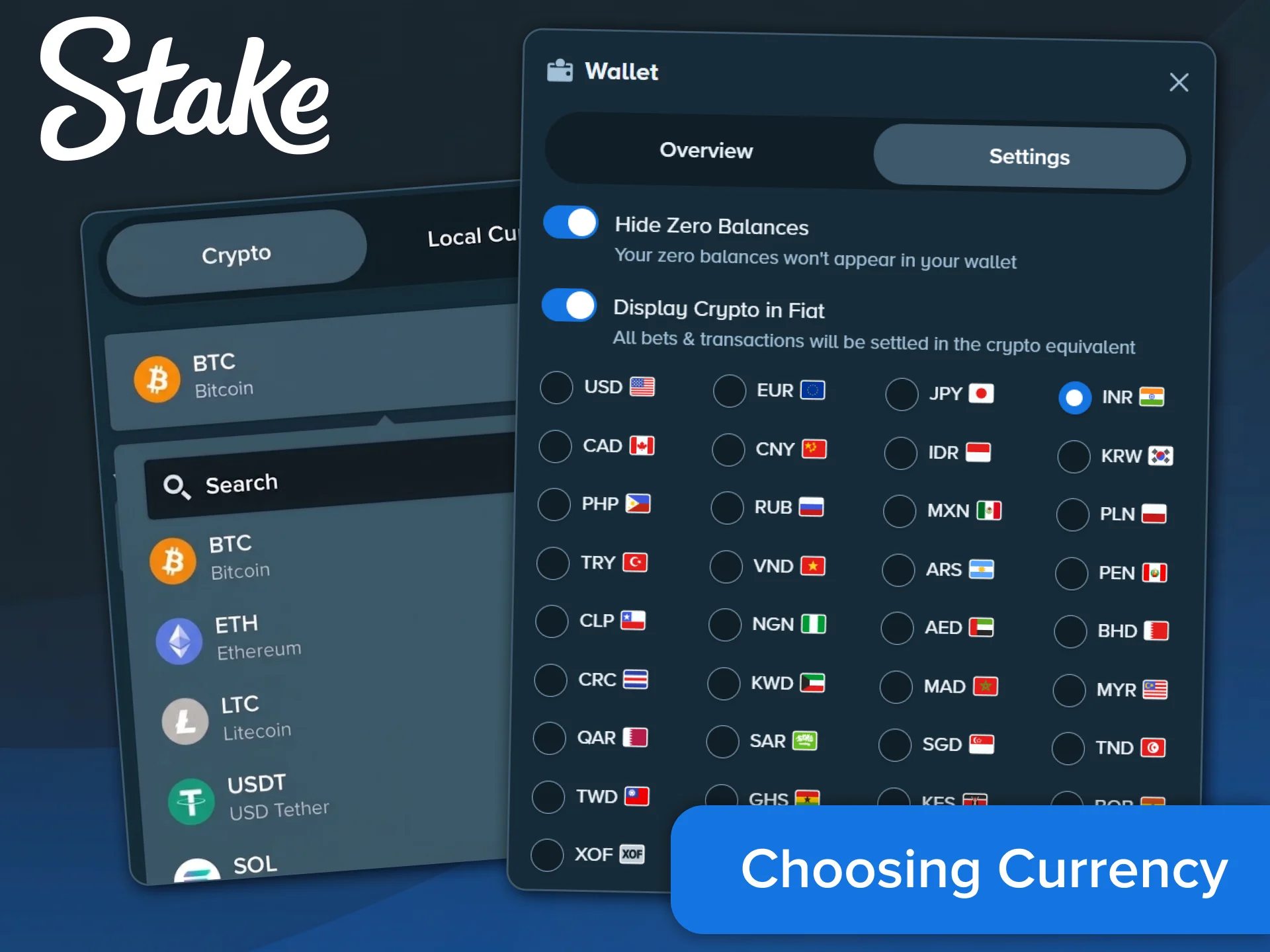 Select INR or your preferred cryptocurrency after creating a new Stake account.