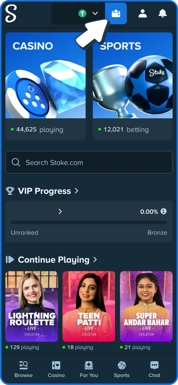 Press wallet icon to make your first deposit after Stake registration.