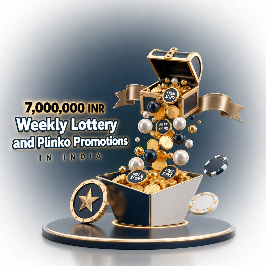Stake casino promo banner for the 7,000,000 INR Weekly Lottery featuring Plinko wagering and deposit-based ticket entries.