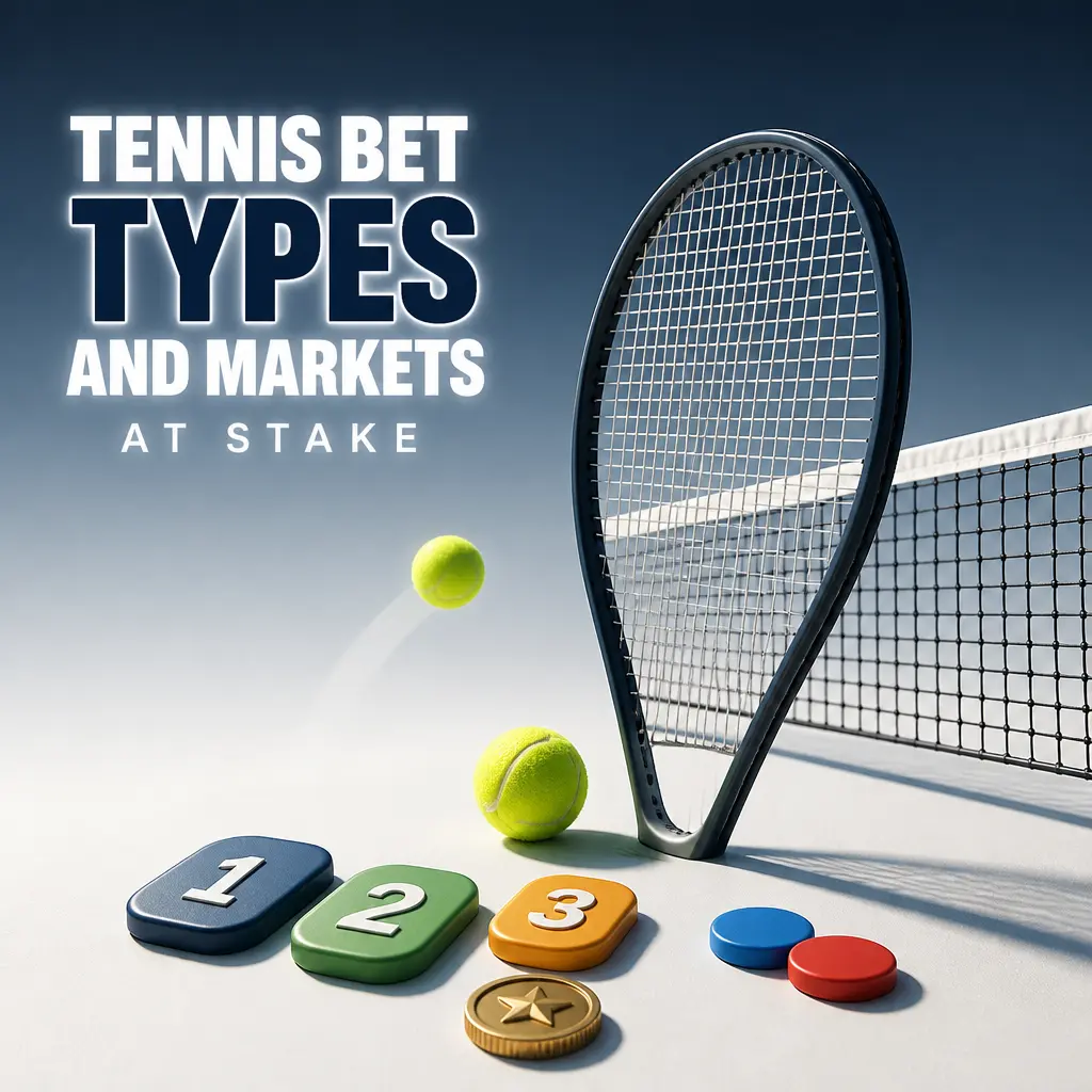 Overview of the ten most common tennis bet types and markets available at Stake, including odds examples.