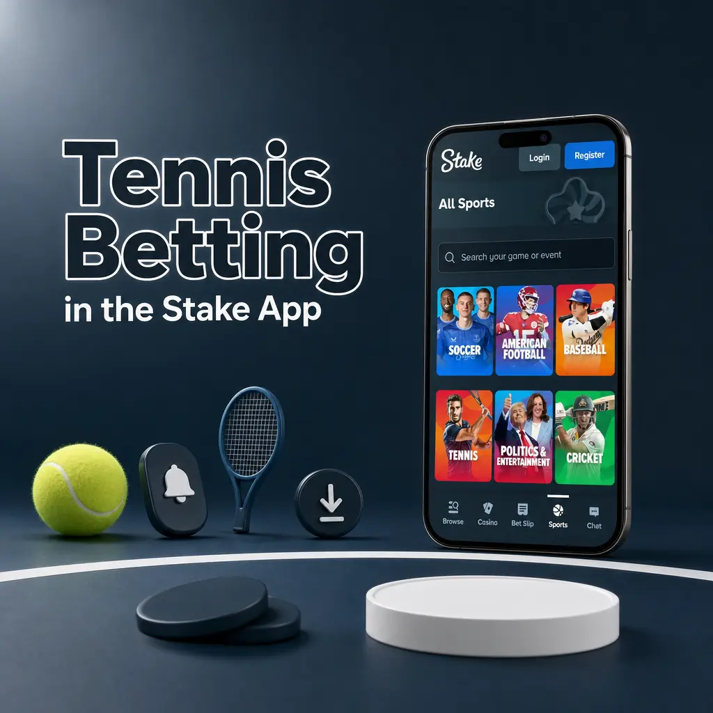 Tennis betting in the Stake app showing tournament tiers, live score tracker, and full match markets on mobile.