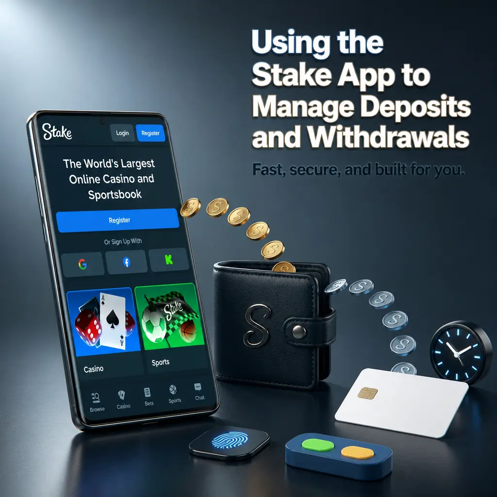Stake app screen showing UPI and crypto deposit and withdrawal options with biometric payment confirmation